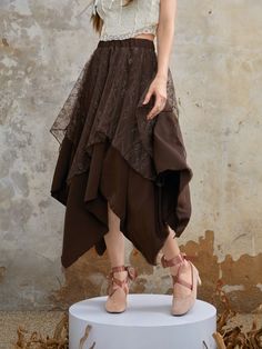 Contrast Lace Asymmetrical Hem Skirt Coffee Brown Casual   Fabric Plain Asymmetrical Non-Stretch  Women Clothing, size features are:Bust: ,Length: ,Sleeve Length: Cottagecore Skirt, Fair Outfits, Fairy Skirt, Rock Outfit, Brown Skirts, Hem Skirt, Asymmetrical Skirt, Fall Skirts, Layered Skirt