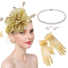 PRICES MAY VARY. mesh veil and fake feather What You Get: The set includes a charming ladies church hat, a pair of lace gloves for tea parties, an imitation pearl necklace a pair of pearl earrings. This headwear hat is actually a three-piece, the head wear and hairpin can be removed from the headband. This beautiful and elegant retro 50s Fascinator hat makes you more beautiful and charming in churches, cocktail parties, fashion shows and other events. Reliable Material: Fascinator headband is ma 50s Fascinator, Kentucky Derby Wedding, Church Lady Hats, Wedding Headwear, Church Hat, Tea Party Wedding, Costume Jewelry Sets, Wedding Costume, Fascinator Headband