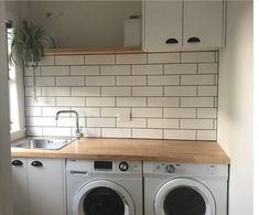 a washer and dryer sitting in a kitchen next to each other on top of a counter