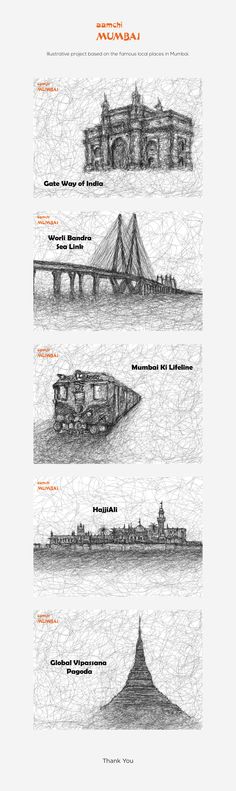 three different views of the bridge and other structures in this graphic art work, each with their own name