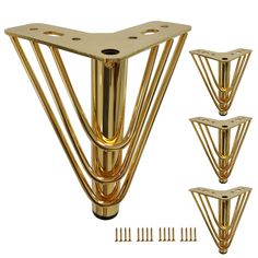 four brass plated metal brackets with screws and nails on the bottom, all in different sizes