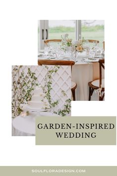 garden - inspired wedding with white linens and greenery on the wall, table cloth