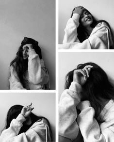 four photos of a woman with long hair and wearing a hoodie holding her hands to her face