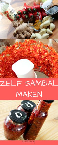 some jars and spoons on a table with red stuff in them that says zelff sambal maken