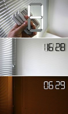 three different images with numbers and symbols on the same wall, one showing an alarm clock