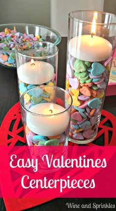 easy valentine's centerpieces with candles and sprinkles on the table