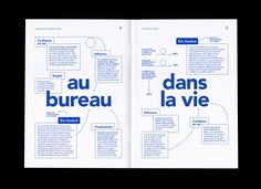 an open book with blue text on the front and back cover, in french language