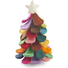 a multicolored felt christmas tree with a star on top