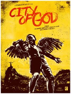 the poster for city of god shows an angel with outstretched arms and hands, standing in front of a yellow background