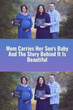 three pregnant women and one man are holding signs that read, mom carries her son's baby and the story behind it is beautiful