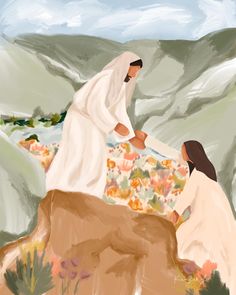 a painting of two people on a hill with flowers in the foreground and hills in the background