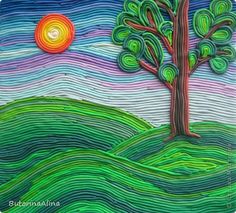 a painting of a tree on a hill with the sun in the sky behind it