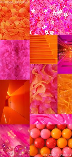 an assortment of different colors and shapes in various pictures, including oranges, pinks, and yellows