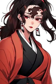 an anime character with black hair and red eyes wearing a kimono, holding a pair of earrings