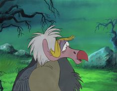 the vulture from disney's lion king is staring at something in the distance with trees and rocks behind it