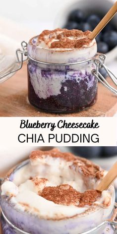 blueberry cheesecake chia pudding in a glass jar