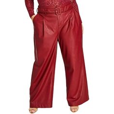 Manufacturer: Nina Parker Style Type: Wide Leg Pants Collection: Nina Parker Sleeve Length: Material: 100% Polyester Fabric Type: Faux Leather Specialty: Solid Sku: BH5965908 Removable Belt Included Size: 24W.  Color: Red.  Gender: female.  Age Group: adult. Faux Leather Wide Leg Pants, Leather Wide Leg Pants, Womens Wide Leg Pants, Faux Leather Belts, Plus Size Pants, Trendy Plus Size, Online Accessories, High Waisted Pants, Lady In Red