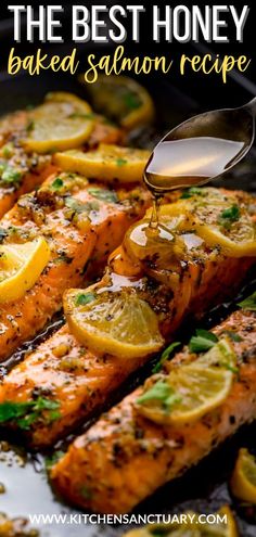 the best honey baked salmon recipe with lemons and parsley on top is being drizzled