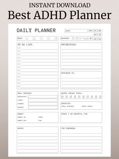 "PRINTABLE ADHD PLANNER. Download IMMEDIATELY after purchase! Product information: * Perfect for home and office use. * Text and colors that are part of the design CANNOT be altered. * Room for hole punches on either side * Print as many pages as you need. * Simply print from your home printer, or send to a local printing shop. How to download, open and print these PDF files on your computer: * You can download these digital items once your purchase is confirmed. * Please note that there are no printed materials / physical products that will be shipped. * Download link: Go to https://www.etsy.com/your/purchases - download the files you just purchased. * Unzip if necessary. * Download this free software to unzip files for Windows - https://www.7-zip.org or for Mac - https://www.izip.com * Y Planer Organisation, Free Planner Templates, Etsy Planner, Daily Planner Printables Free, Unique Planner, Hourly Planner, Vie Motivation, Routine Planner, Planner Pdf