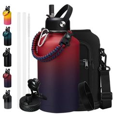 a red and black fire extinguisher next to various other items in different colors