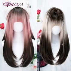 HUAYA Synthetic Long Lolita Wig with Bangs Girl Cute Ombre Pink Grey Cosplay Party Christmas Day Pink Ombre Hair With Bangs, Ombre Pink Wig, Harajuku Style Pink Bag For Cosplay, Long Pink Wig, Harajuku Wig, Harajuku Wigs, Kawaii Wigs Pink, Ombre Pink, Wig With Bangs