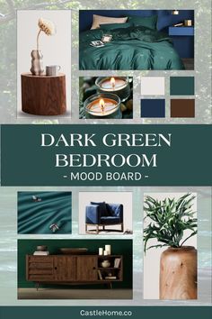 Dark green bedroom mood board with images showcasing a luxurious dark green Egyptian cotton bed set, a complementary color palette, and various furniture and accessory ideas. The board features aesthetic boho, rustic, and cozy elements, perfect for creating a moody, romantic, and chic bedroom inspired by a lush forest. Highlights include an emerald accent wall, dark wood furniture, vintage decor, and a blend of modern minimalist and farmhouse styles. Green Bedroom Mood Board, Bee Bedding, Dark Green Bedroom, Ivy Room, Bedroom Mood Board, Grown Up Bedroom, Green Accent Walls, Rustic Ideas, Lush Forest