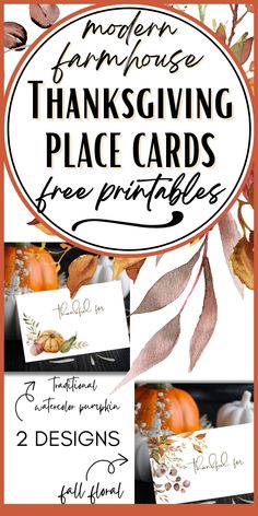 thanksgiving place cards with pumpkins and leaves in the center, on top of each other