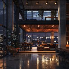 a living room filled with furniture next to a tall glass window covered building at night