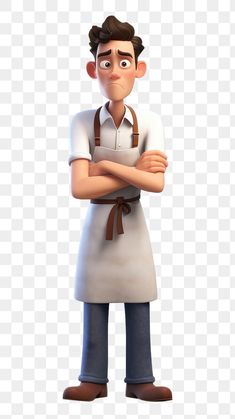 a cartoon character wearing an apron and holding his arms crossed, looking at the camera