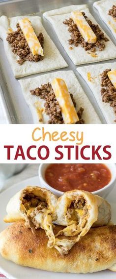 taco sticks with meat and cheese on them are ready to be cooked in the oven