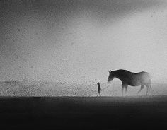 a man leading a horse across a field in the foggy sky with a person standing next to it