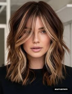 Color Block Fall Hair, Brown Hair Thick Money Piece, Fall Hair For Fair Skin Brown Eyes, Fall Hair Side Part, Chocolate Brown Hair Color With Money Piece, Light Brown With Partial Highlights, Brunette Hair With Blonde Bangs, Brown Hair With Highlights Around Face, Medium With Bangs Shoulder Length