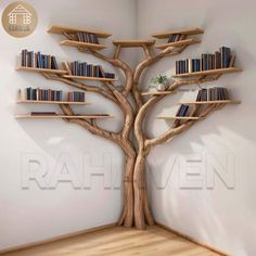 a book shelf in the shape of a tree with books on it