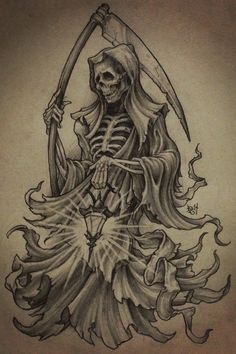 a drawing of a skeleton holding a scythe