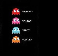 four different colored video game characters on a black background with the words blinky, pinky, and clyde