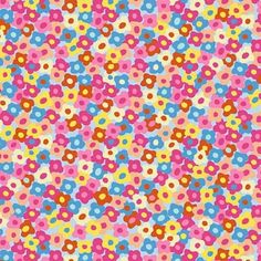 an image of colorful flowers on a pink background with blue, yellow and red dots