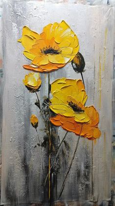 a painting of yellow flowers on a gray background