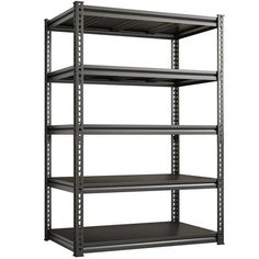 an industrial shelving unit with four shelves on each side and one shelf below it