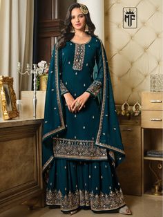 CODE-DEAL-2184 ---: Fabric Details: --- TOP FRONT:-Fox-Georgette With Embroidery Work And Seq Work SLEEVES :-Fox-Georgette With Embroidery Work And Seq Work SARARA PLAZO:-Fox-Georgette With Embroidery Work And Seq Work TOP INNER:-Santoon DUPATTA :-Fox-Georgette With Embroidery Work And Seq Work LENGTH:-Max up to 43 TOP Size. :-Front 0.80 Points Front Back 0.80 Points Back TYPE :-Semi Stitched ( Material ) DELIVERY TIME :- 4 Days To 7 Days EXCHANGE GUARANTEE :- 7 Days READY TO SHIP :- 2 Days Long Choli Lehenga, Gown With Dupatta, Long Anarkali, Lehenga Suit, Nikkah Dress, Look Festival, Green Lehenga, Lehenga Style, Net Lehenga