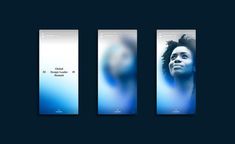 three vertical banners with an image of a woman's face in blue and white