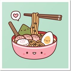 a bowl of noodles with chopsticks and an egg in it, on a green background