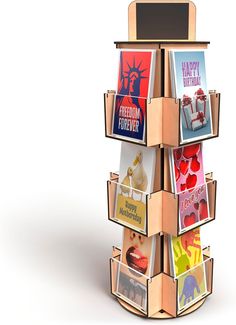 a cardboard tower with pictures on it