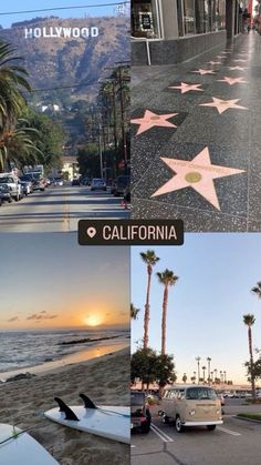 the hollywood walk of fame with surfboards and cars