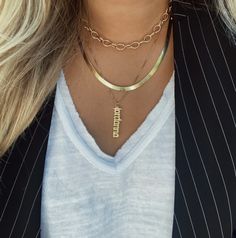 14k Vertical Nameplate Necklace - Jordan Road Vertical Necklace, Christopher Cross, Gothic Font, Herringbone Necklace, Nameplate Necklace, Necklace Chain Lengths, Chain Choker Necklace, Chain Choker, Gold Plated Chains