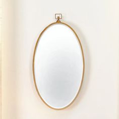 an oval mirror hanging on the wall