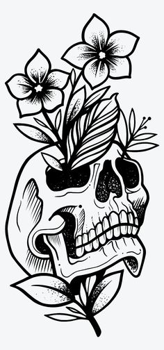 a black and white drawing of a skull with flowers