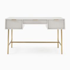 a white and gold desk with two drawers on one side, the other half closed