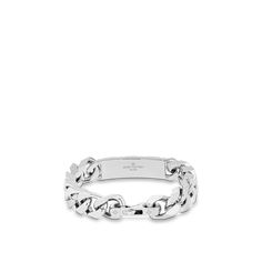 LOUIS VUITTON® - Monogram Chain Bracelet - Silver Mens Louis Vuitton Ring, Designer Metal Chain Bracelets, Luxury White Gold Metal Bracelets, Luxury White Gold Bracelets With Silver-tone Logo, Luxury White Gold Metal Chain Bracelet, Designer Silver Chain Bracelets, Luxury Engraved Chain Bracelet, Designer Engraved White Gold Bracelets, Designer Silver Jewelry With Solid Link Construction