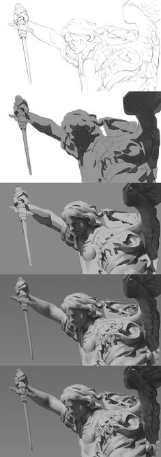 four different images of the same person holding two swords