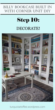 a white desk sitting in front of a book shelf filled with books and other items